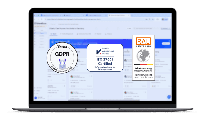 GDPR compliance certifications: Vanta GDPR monitored, ISO 27001 certified information security management, RAL Gütezeichen fair recruitment healthcare Germany